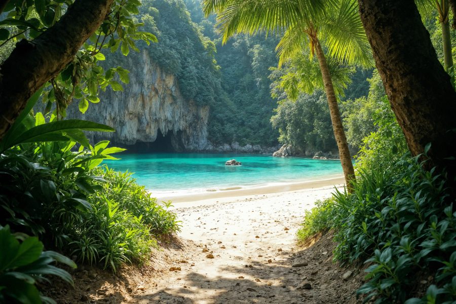 A secluded tropical beach lagoon with turquoise water and lush green cliffs at the Samir Hospitality wellness retreat
