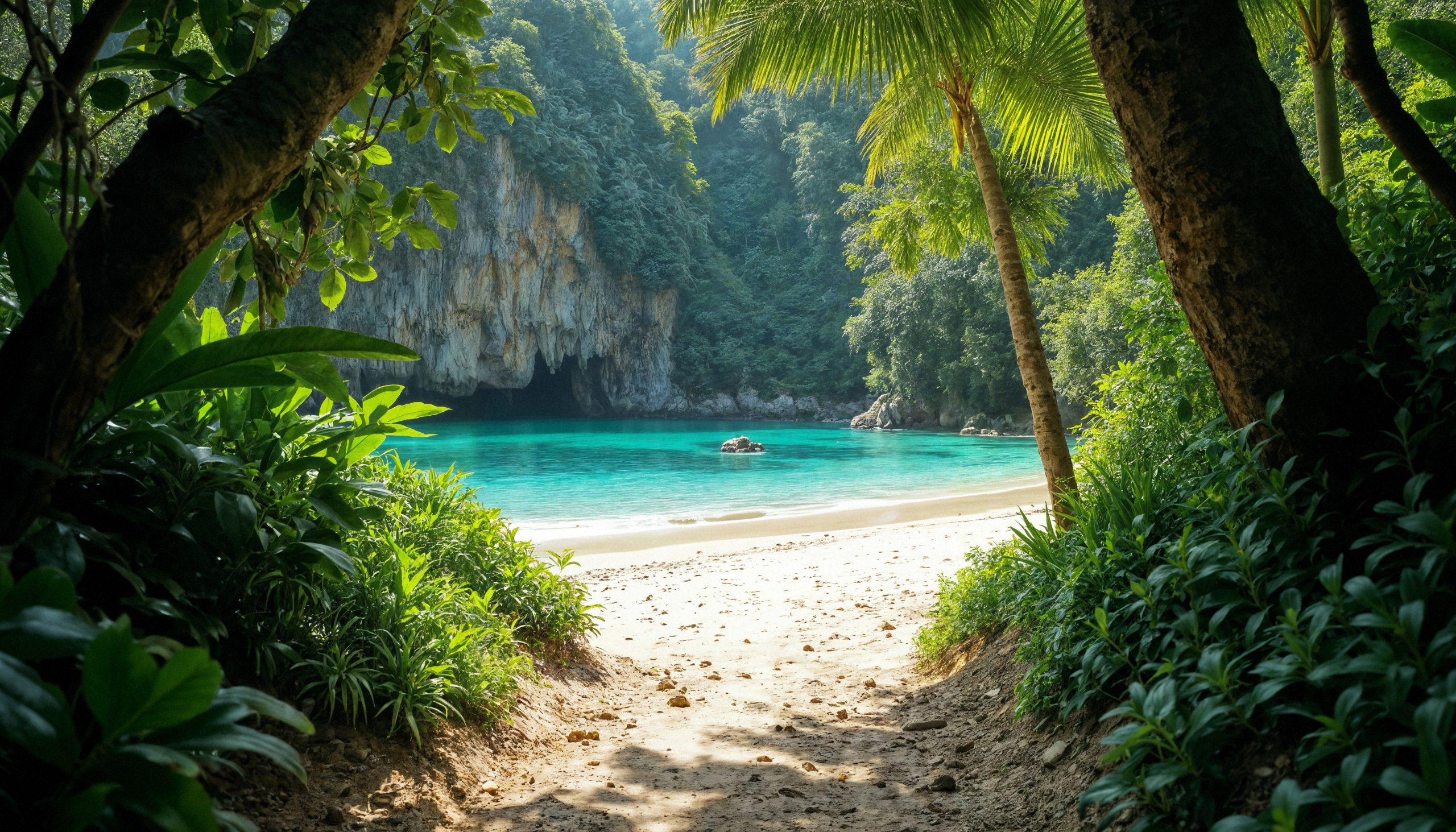 A secluded tropical beach lagoon with turquoise water and lush green cliffs at the Samir Hospitality wellness retreat